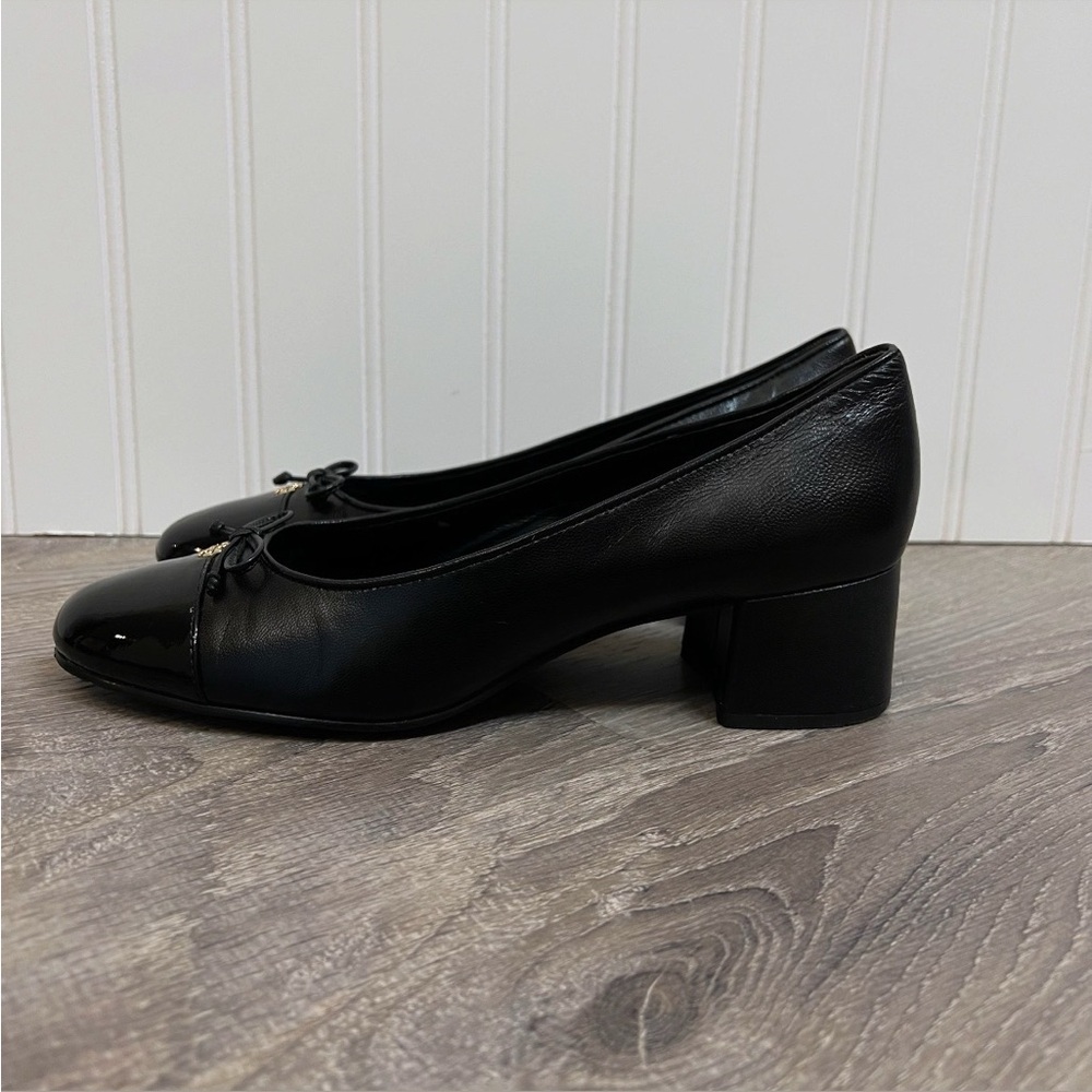 TORY BURCH Mixed Black Leather Cap-Toe Ballerina Block Pumps Size 7 - Picture 8 of 14